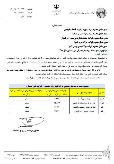 اعتراض شدید شرکت نورد و تولید قطعات فولادی به شرکت برق منطقهای تهران بزرگ/با این برنامهریزی قطعی برق، کلا تعطیل میشویم اعتراض شدید شرکت نورد و تولید قطعات فولادی به شرکت برق منطقهای تهران بزرگ/با این برنامهریزی قطعی برق، کلا تعطیل میشویم