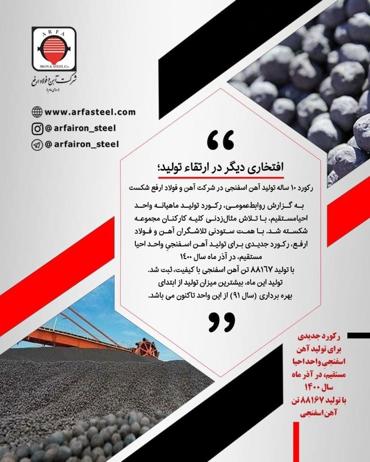 رکورد ۱۰ ساله تولید آهن اسفنجی در شرکت آهن و فولاد ارفع شکست