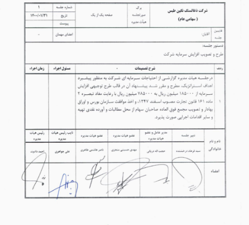 پیشنهاد افزایش سرمایه کطبس توسط هیات مدیره پیشنهاد افزایش سرمایه کطبس توسط هیات مدیره