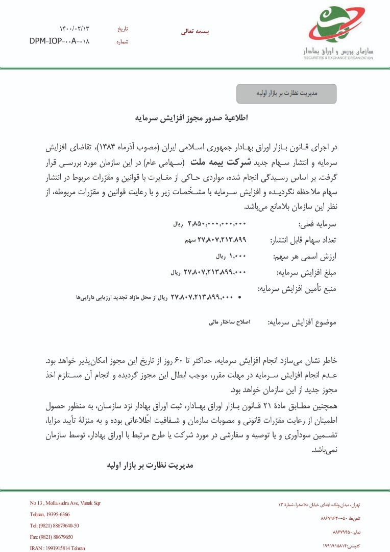 صدور مجوز افزایش سرمایه ۹۷۶ درصدی بیمه ملت