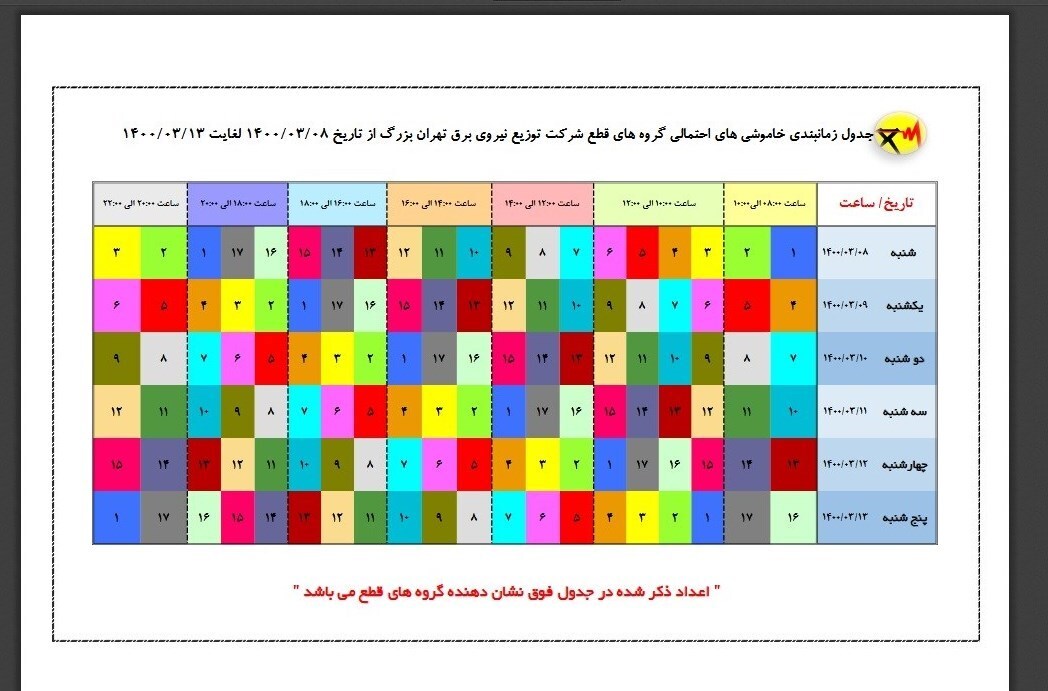 جدول زمان بندی خاموشیهای احتمالی برق تهران از امروز تا پنج شنبه جدول زمان بندی خاموشیهای احتمالی برق تهران از امروز تا پنج شنبه