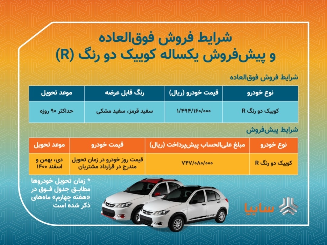 فروش فوق العاده و پیش فروش محصول سایپا با شرایط جدید تا ۳ روز آینده فروش فوق العاده و پیش فروش محصول سایپا با شرایط جدید تا ۳ روز آینده