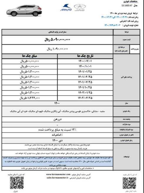 شرایط فروش اقساطی جک S۳ کرمان موتور شرایط فروش اقساطی جک S۳ کرمان موتور