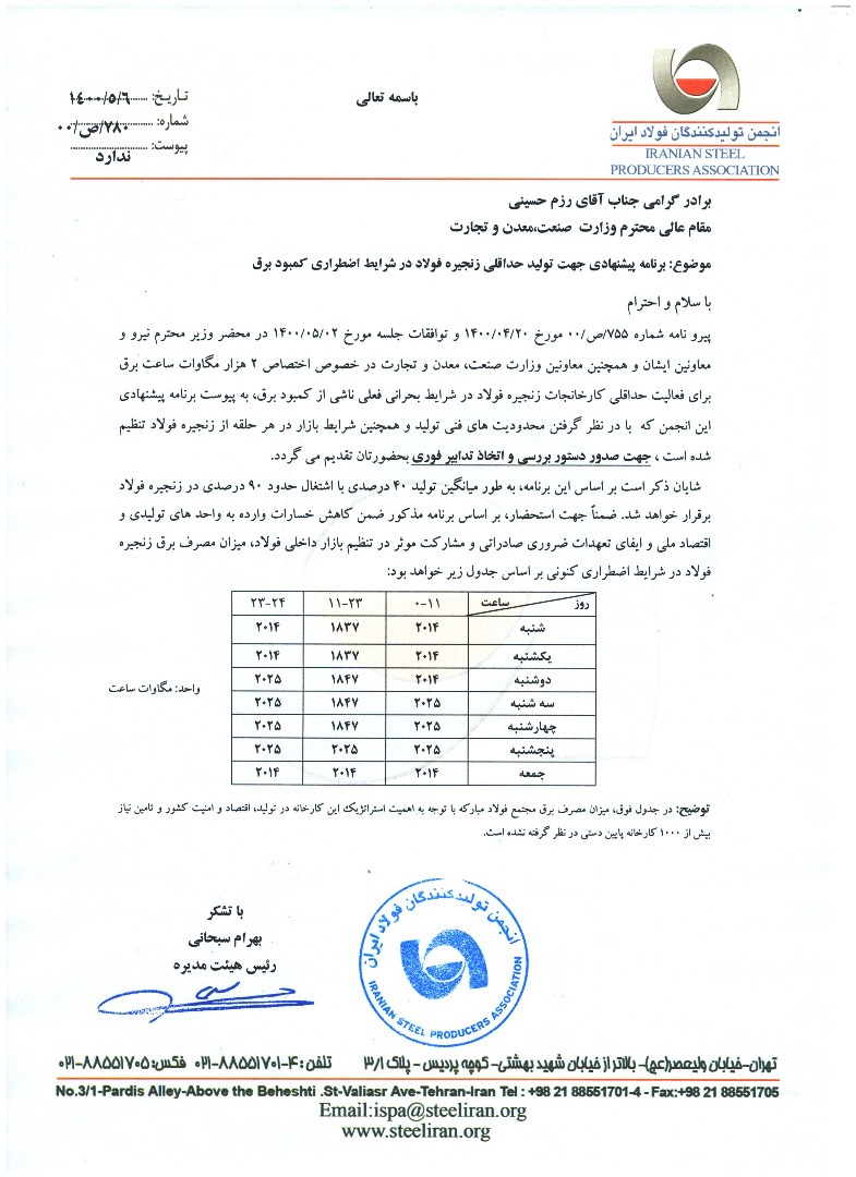 برنامه پیشنهادی انجمن فولاد برای شرایط اضطراری کمبود برق اعلام شد/ تولید ۴۰ درصدی فولاد فقط با ۲ هزار مگاوات ساعت برق
