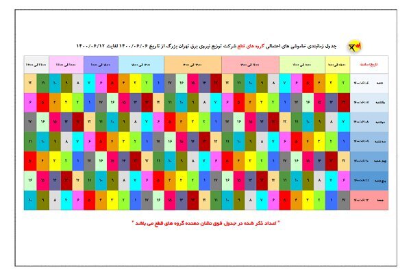 جدول قطعی برق / چهارشنبه ۱۰شهریور ۱۴۰۰ جدول قطعی برق / چهارشنبه ۱۰شهریور ۱۴۰۰