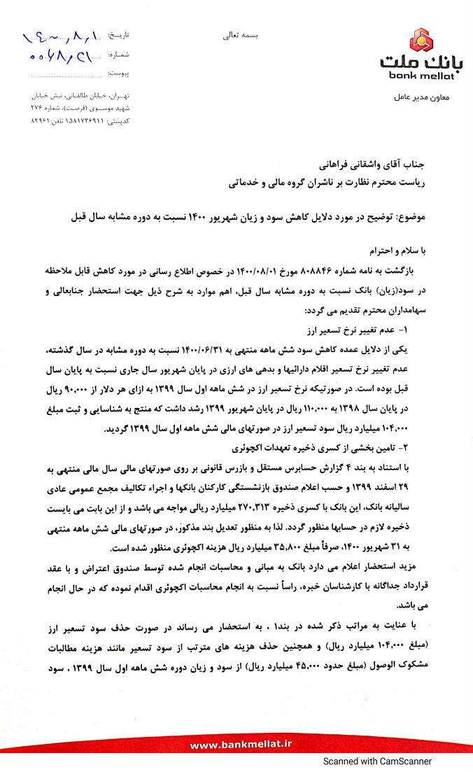 توضیحات بانک ملت درباره سود و زیان شش ماهه نخست ۱۴۰۰ توضیحات بانک ملت درباره سود و زیان شش ماهه نخست ۱۴۰۰