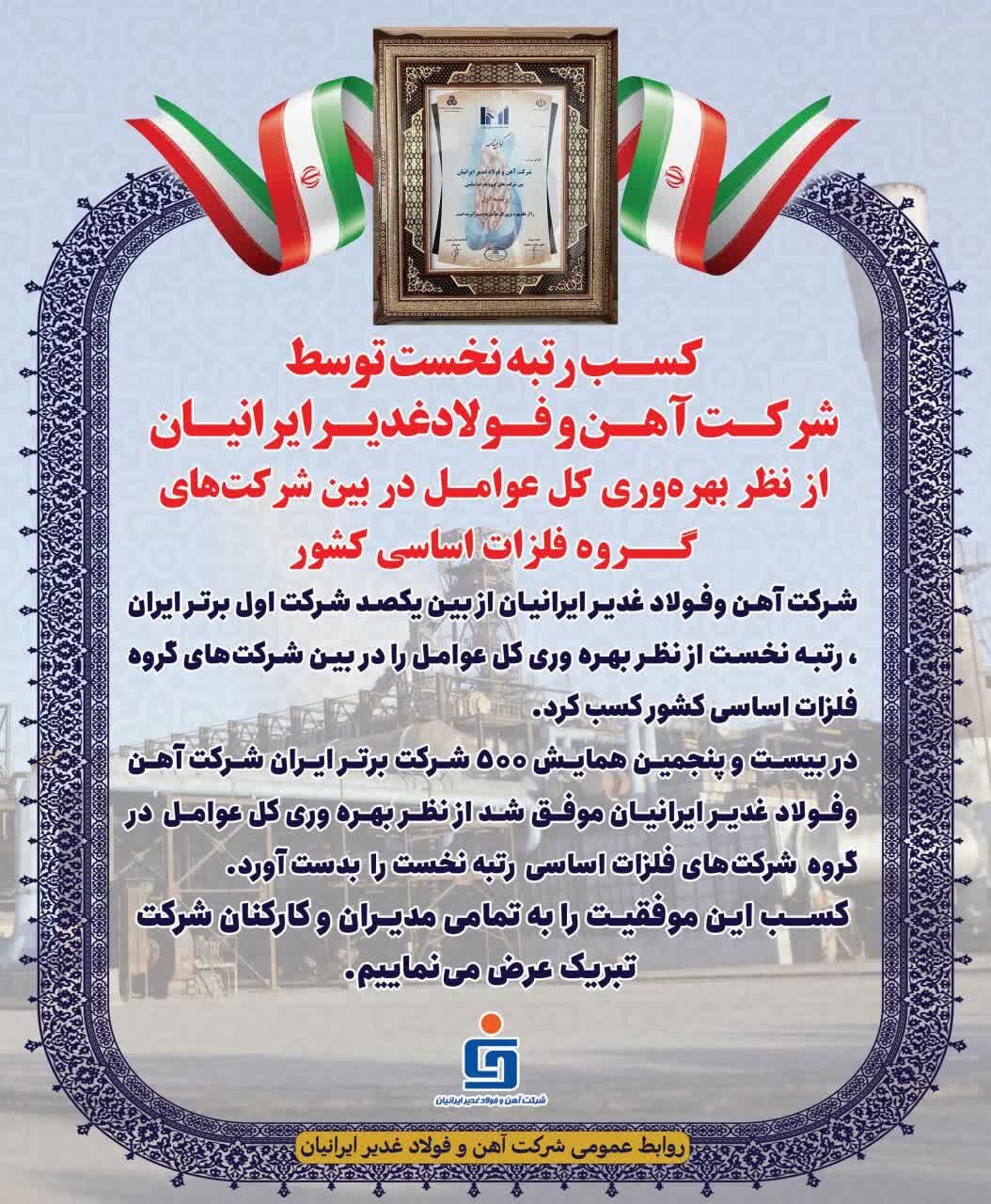 کسب رتبه نخست توسط شرکت آهن و فولاد غدیر ایرانیان از نظر بهرهوری کل عوامل در بین شرکتهای گروه فلزات اساسی کشور کسب رتبه نخست توسط شرکت آهن و فولاد غدیر ایرانیان از نظر بهرهوری کل عوامل در بین شرکتهای گروه فلزات اساسی کشور