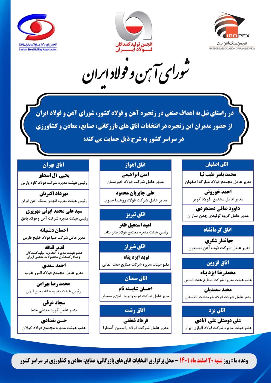لیست صنفی مورد حمایت شورای آهن و فولاد در انتخابات اتاقهای بازرگانی منتشر شد لیست صنفی مورد حمایت شورای آهن و فولاد در انتخابات اتاقهای بازرگانی منتشر شد