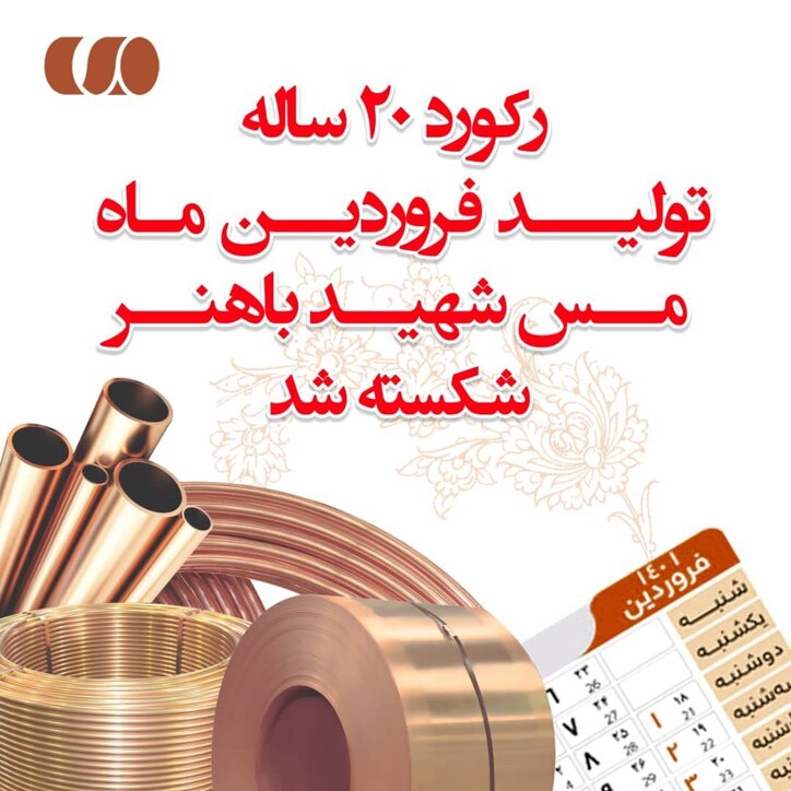 رکورد ۲۰ ساله تولید فروردین ماه مس شهید باهنر شکسته شد