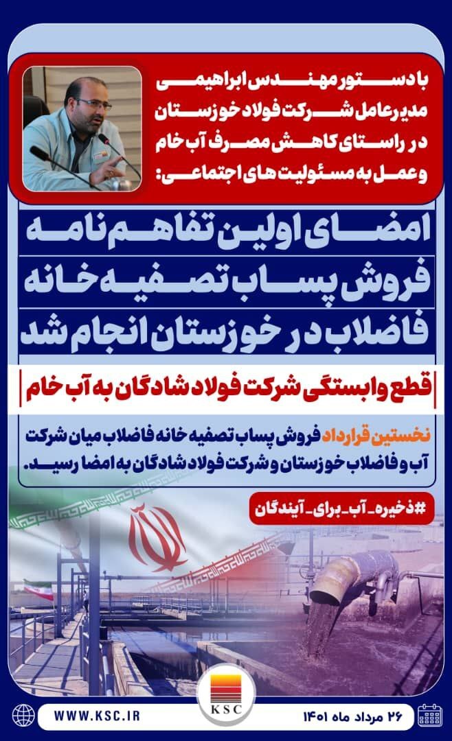 نخستین تفاهم نامه فروش پساب تصفیه خانه فاضلاب، فی مابین شرکت آب و فاضلاب خوزستان و شرکت صنعت فولاد شادگان به امضا رسید نخستین تفاهم نامه فروش پساب تصفیه خانه فاضلاب، فی مابین شرکت آب و فاضلاب خوزستان و شرکت صنعت فولاد شادگان به امضا رسید