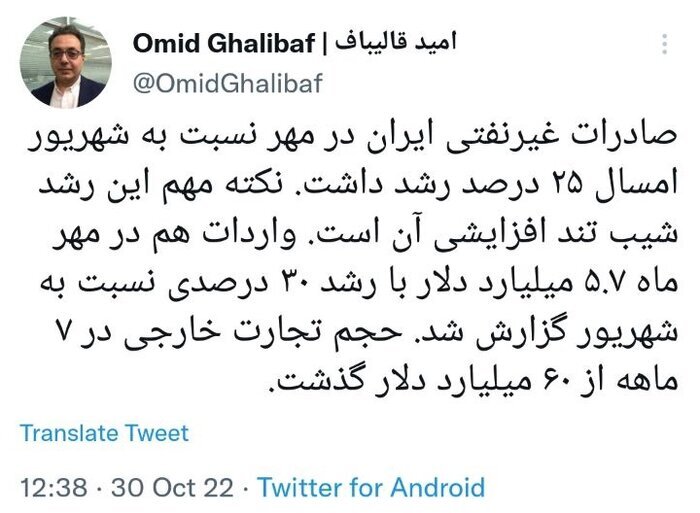 افزایش ۲۵ درصد صادرات غیرنفتی در مهرماه/ تجارت خارجی از ۶۰ میلیارد دلار گذشت افزایش ۲۵ درصد صادرات غیرنفتی در مهرماه/ تجارت خارجی از ۶۰ میلیارد دلار گذشت