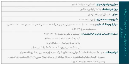 انتشار آگهی اولین جلسه حراج حضوری شمش طلای استاندارد انتشار آگهی اولین جلسه حراج حضوری شمش طلای استاندارد