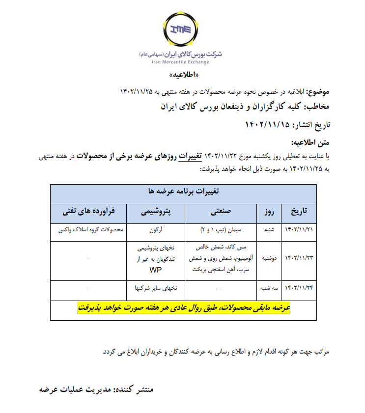 زمانبندی جدید عرضه در بورس کالا زمانبندی جدید عرضه در بورس کالا