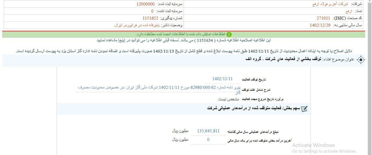توقف بخشی از فعالیتهای ارفع توقف بخشی از فعالیتهای ارفع