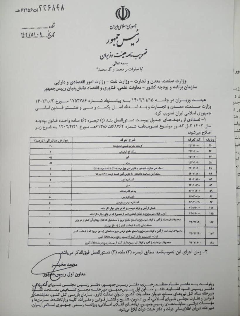 نرخهای جدید عوارض صادراتی زنجیره فولاد + سند (تصویب نامه هیات وزیران در خصوص کاهش عوارض صادراتی زنجیره فولاد) نرخهای جدید عوارض صادراتی زنجیره فولاد + سند (تصویب نامه هیات وزیران در خصوص کاهش عوارض صادراتی زنجیره فولاد)