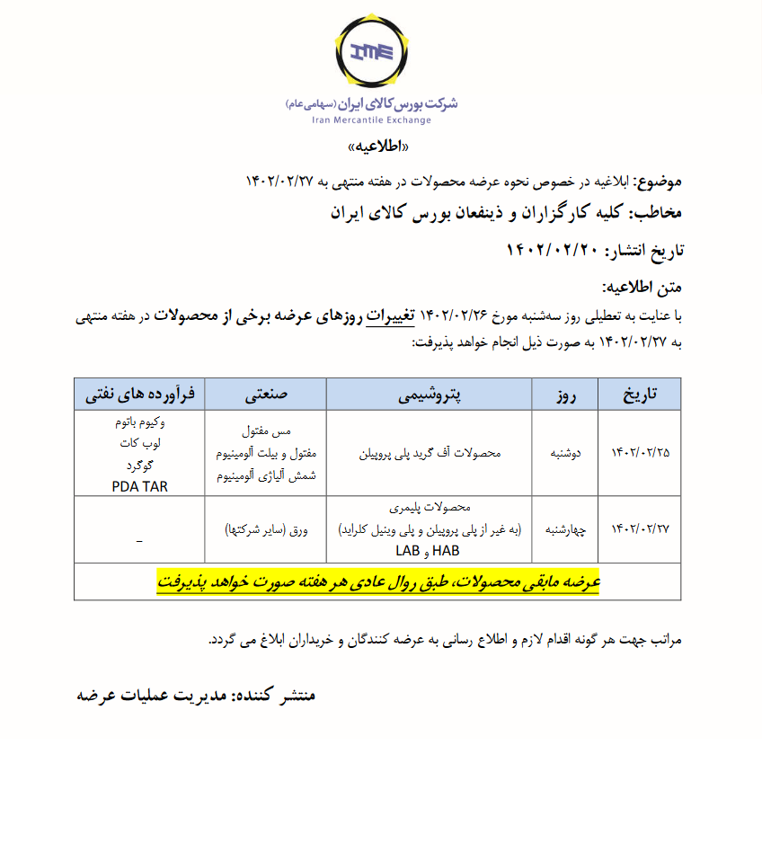 زمانبندی عرضههای بورس کالا اعلام شد زمانبندی عرضههای بورس کالا اعلام شد