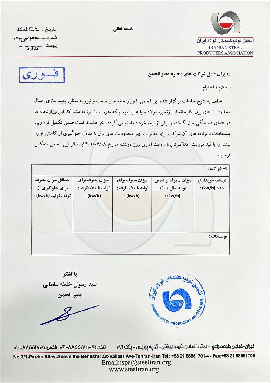 ۳ سناریو برای قطعی برق فولادسازان/ مکاتبه انجمن فولاد با شرکت‌های فولادی برای اعلام میزان برق مصرفی مورد نیاز با قید فوریت
