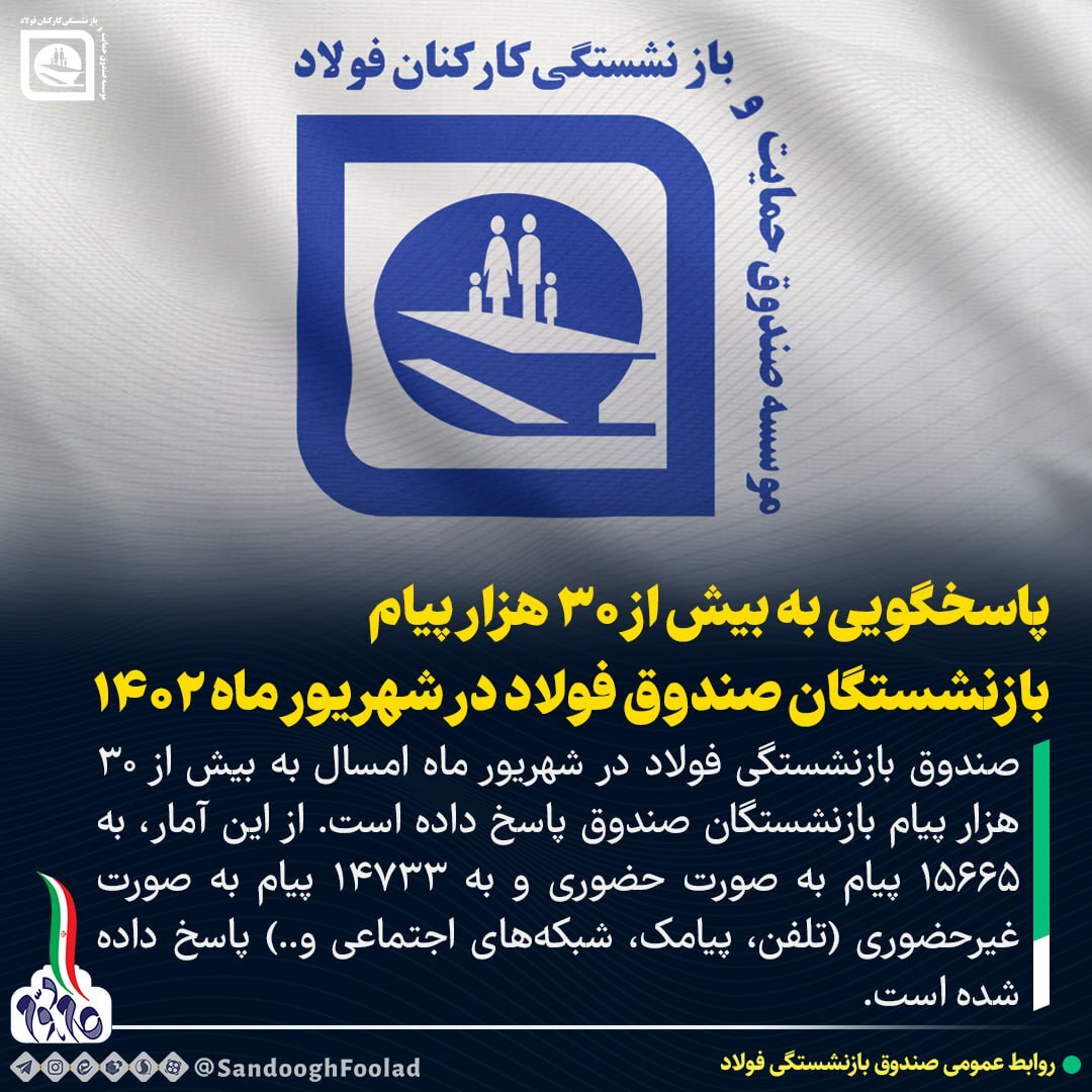 پاسخ گویی به بیش از ۳۰ هزار پیام بازنشستگان صندوق فولاد در شهریورماه ۱۴۰۲ پاسخ گویی به بیش از ۳۰ هزار پیام بازنشستگان صندوق فولاد در شهریورماه ۱۴۰۲