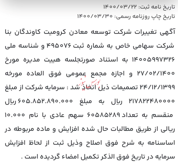 آیا ابهاماتی در عرضه شرکت کرومیت کاوندگان بنا وجود دارد؟