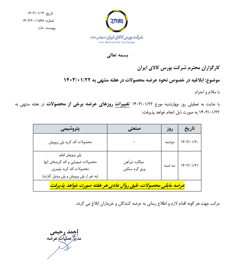 نحوه عرضه محصولات در هفته منتهی به ۲۲ فروردین نحوه عرضه محصولات در هفته منتهی به ۲۲ فروردین