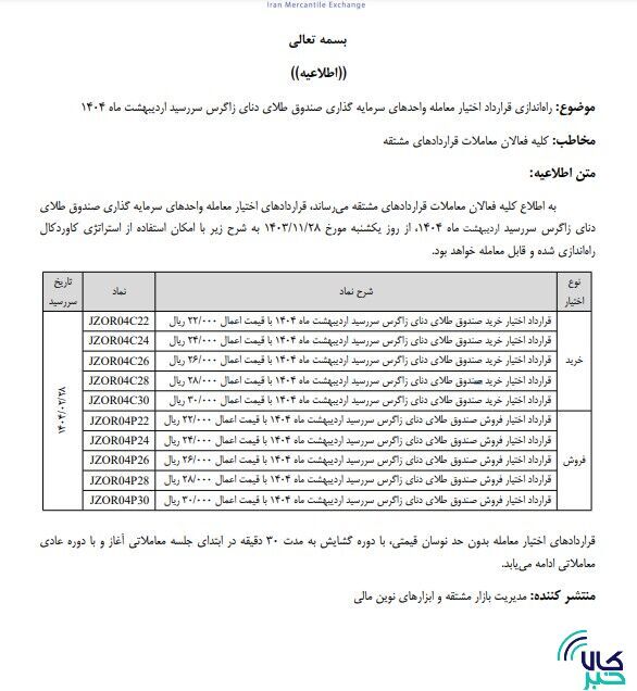 راهاندازی قرارداد اختیار معامله واحدهای صندوق طلای دنای زاگرس سررسید اردیبهشت ۱۴۰۴ راهاندازی قرارداد اختیار معامله واحدهای صندوق طلای دنای زاگرس سررسید اردیبهشت ۱۴۰۴