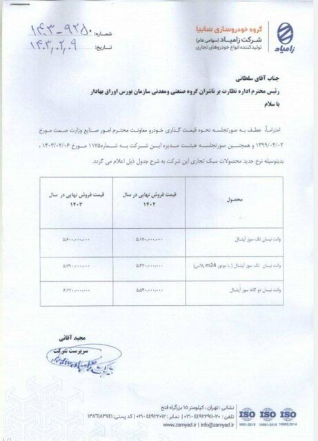 تغییر قیمت محصولات سبک تجاری زامیاد تغییر قیمت محصولات سبک تجاری زامیاد
