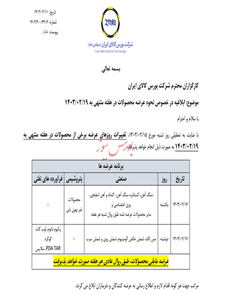زمان عرضه محصولات در بورس کالا تغییر کرد زمان عرضه محصولات در بورس کالا تغییر کرد