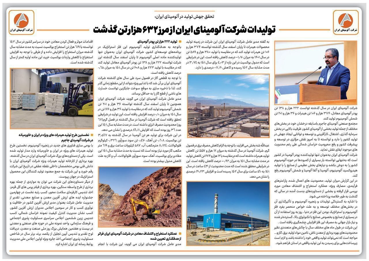 تولیدات شرکت آلومینای ایران از مرز ۶۳۲ هزار تن گذشت تولیدات شرکت آلومینای ایران از مرز ۶۳۲ هزار تن گذشت