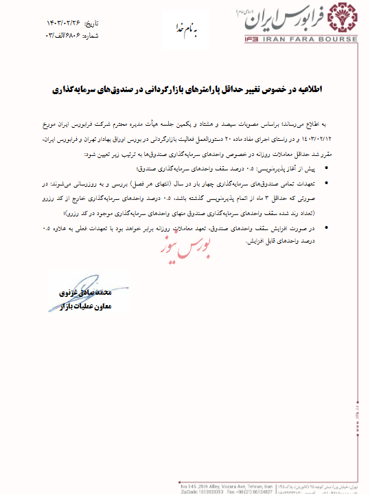پارامترهای بازارگردانی صندوقهای سرمایهگذاری تغییر کرد پارامترهای بازارگردانی صندوقهای سرمایهگذاری تغییر کرد