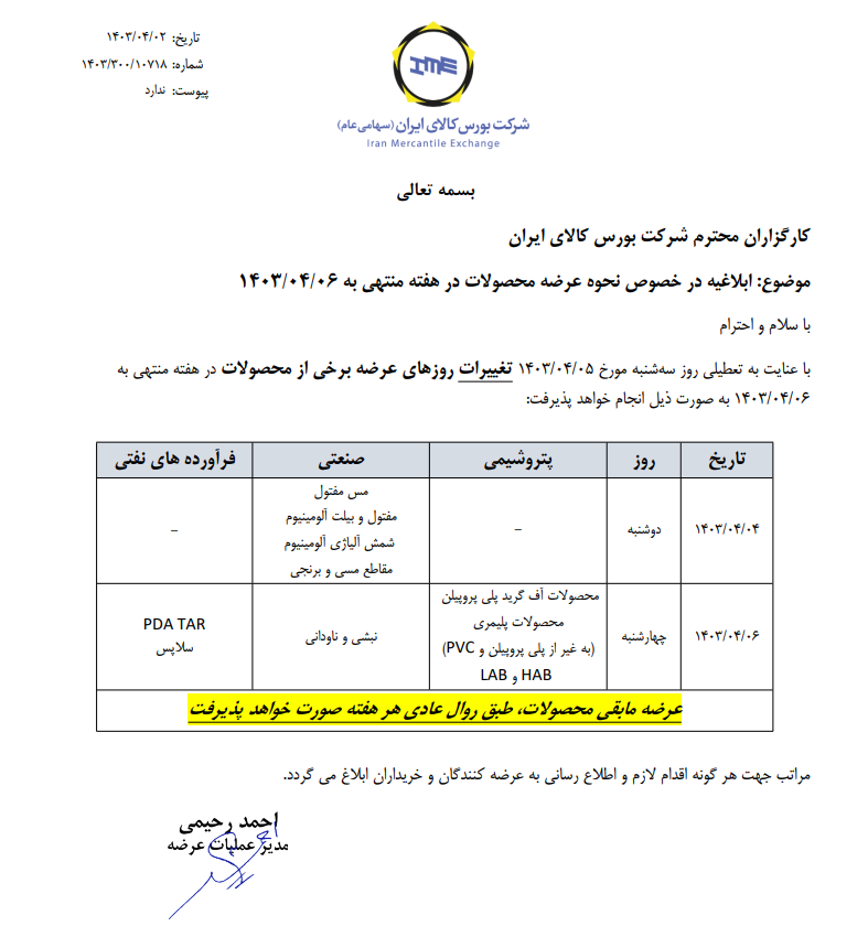 نحوه عرضه محصولات در هفته منتهی به ۰۶ تیر نحوه عرضه محصولات در هفته منتهی به ۰۶ تیر