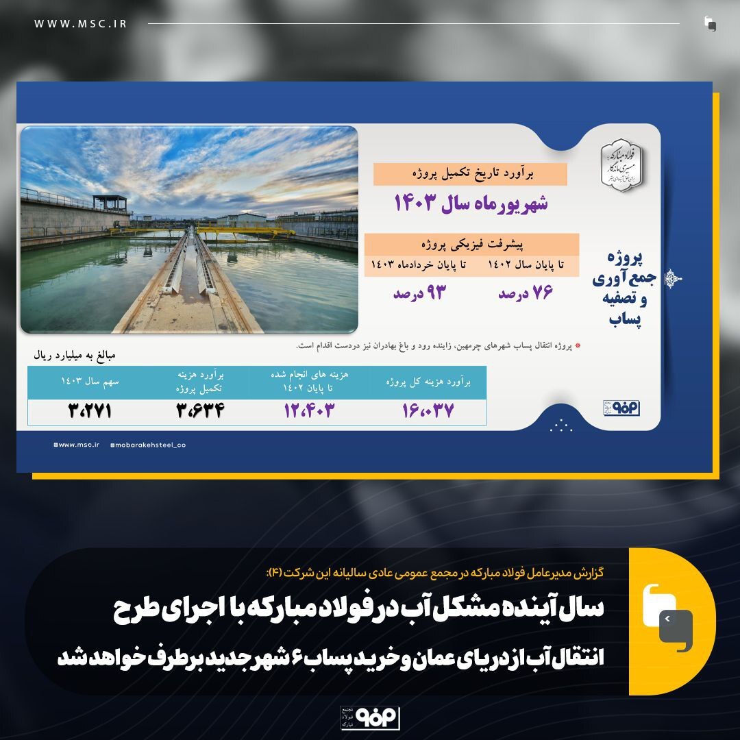 سال آینده مشکل آب در فولاد مبارکه با اجرای طرح انتقال آب از دریای عمان و خرید پساب ۶ شهر جدید برطرف خواهد شد سال آینده مشکل آب در فولاد مبارکه با اجرای طرح انتقال آب از دریای عمان و خرید پساب ۶ شهر جدید برطرف خواهد شد
