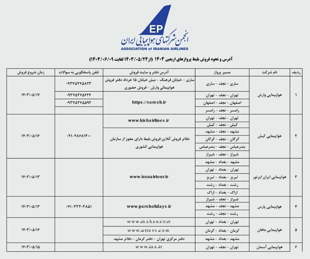 شرایط پیشفروش بلیت پروازهای اربعین ۴ ایرلاین مشخص شد شرایط پیشفروش بلیت پروازهای اربعین ۴ ایرلاین مشخص شد