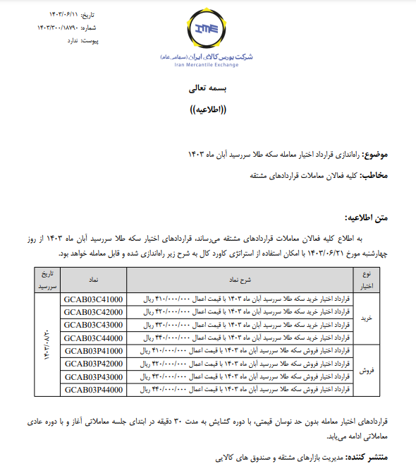 راهاندازی قرارداد اختیار معامله سکه و شمش طلا با سررسید آبان و بهمن راهاندازی قرارداد اختیار معامله سکه و شمش طلا با سررسید آبان و بهمن