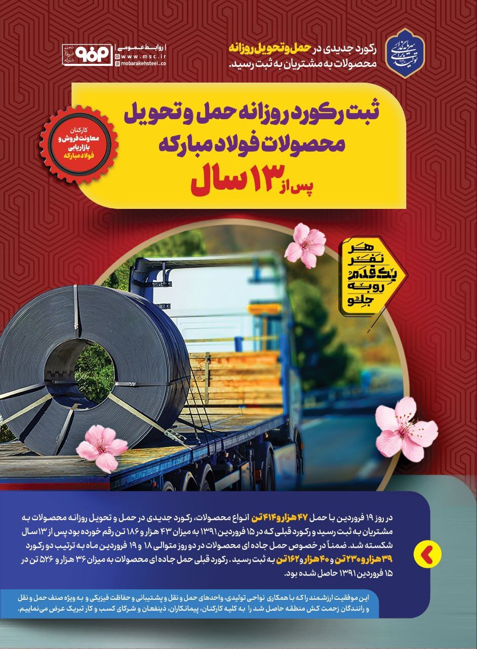 ثبت رکورد روزانه حمل و تحویل محصولات فولاد مبارکه پس از ۱۳ سال ثبت رکورد روزانه حمل و تحویل محصولات فولاد مبارکه پس از ۱۳ سال