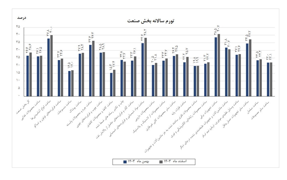 افزایش ۲ واحد درصدی تورم سالانه تولیدکننده صنعت در اسفند ۱۴۰۳