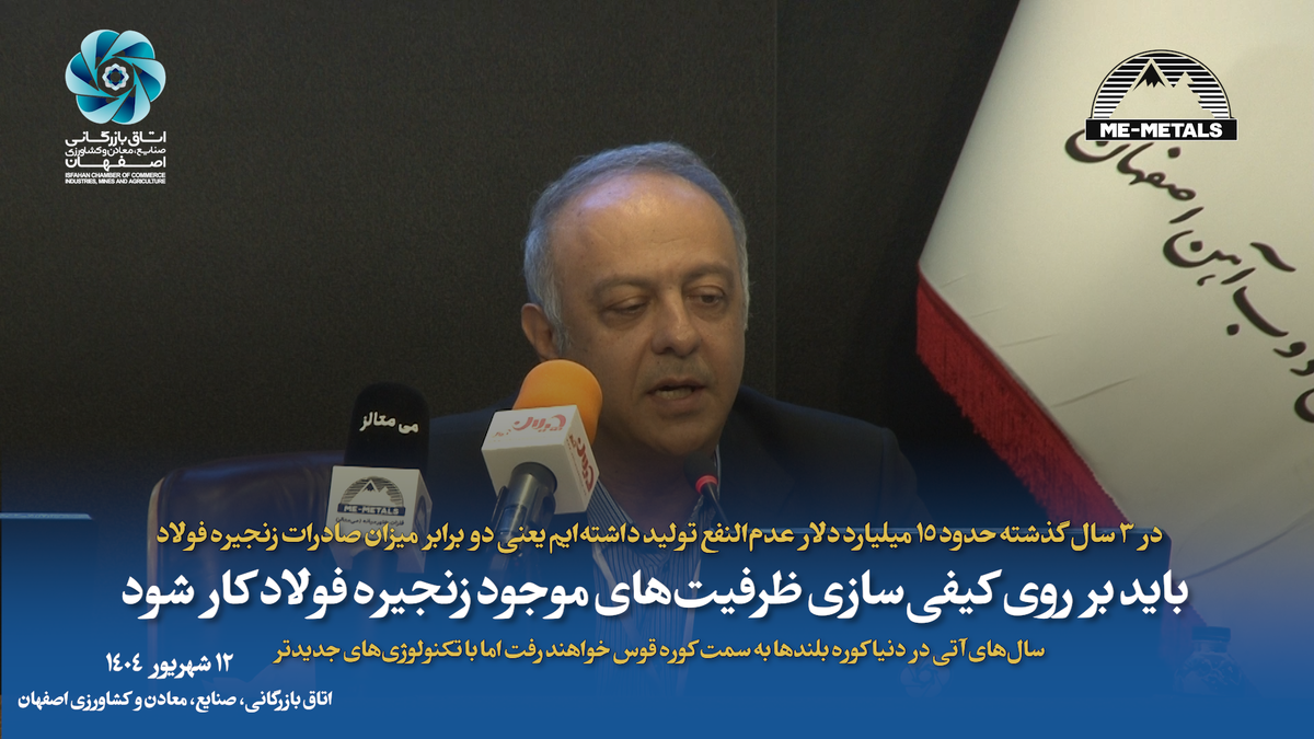 در ۳ سال گذشته حدود ۱۵ میلیارد دلار عدم‌النفع تولید داشته‌ایم یعنی دو برابر میزان صادرات زنجیره فولاد/ باید بر روی کیفی‌سازی ظرفیت‌های موجود زنجیره فولاد کار شود/ سال‌های آتی در دنیا کوره بلند‌ها به سمت کوره قوس خواهند رفت، اما با تکنولوژی‌های جدیدتر