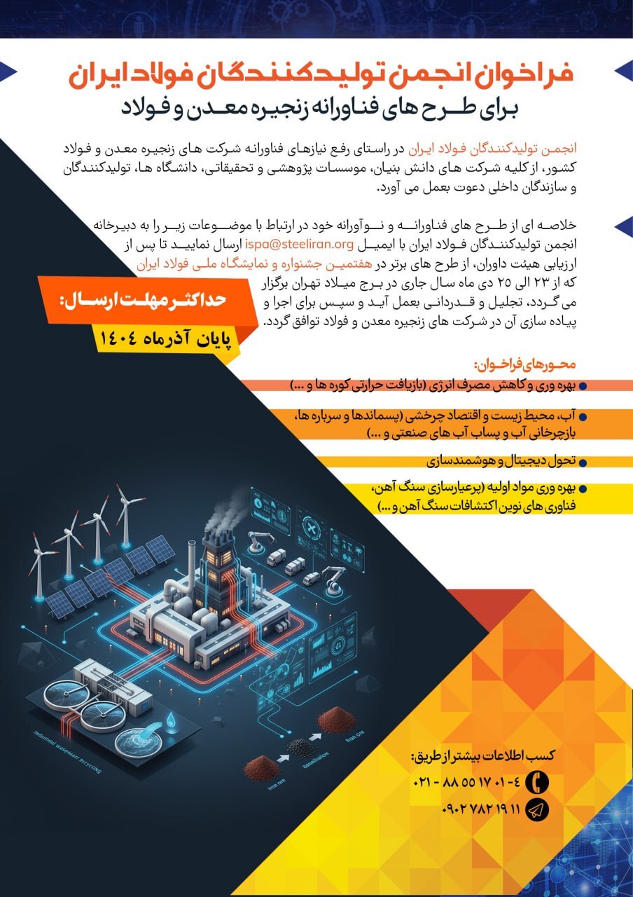 فراخوان انجمن تولیدکنندگان فولاد ایران برای طرح‌های فناورانه زنجیره معدن و فولاد